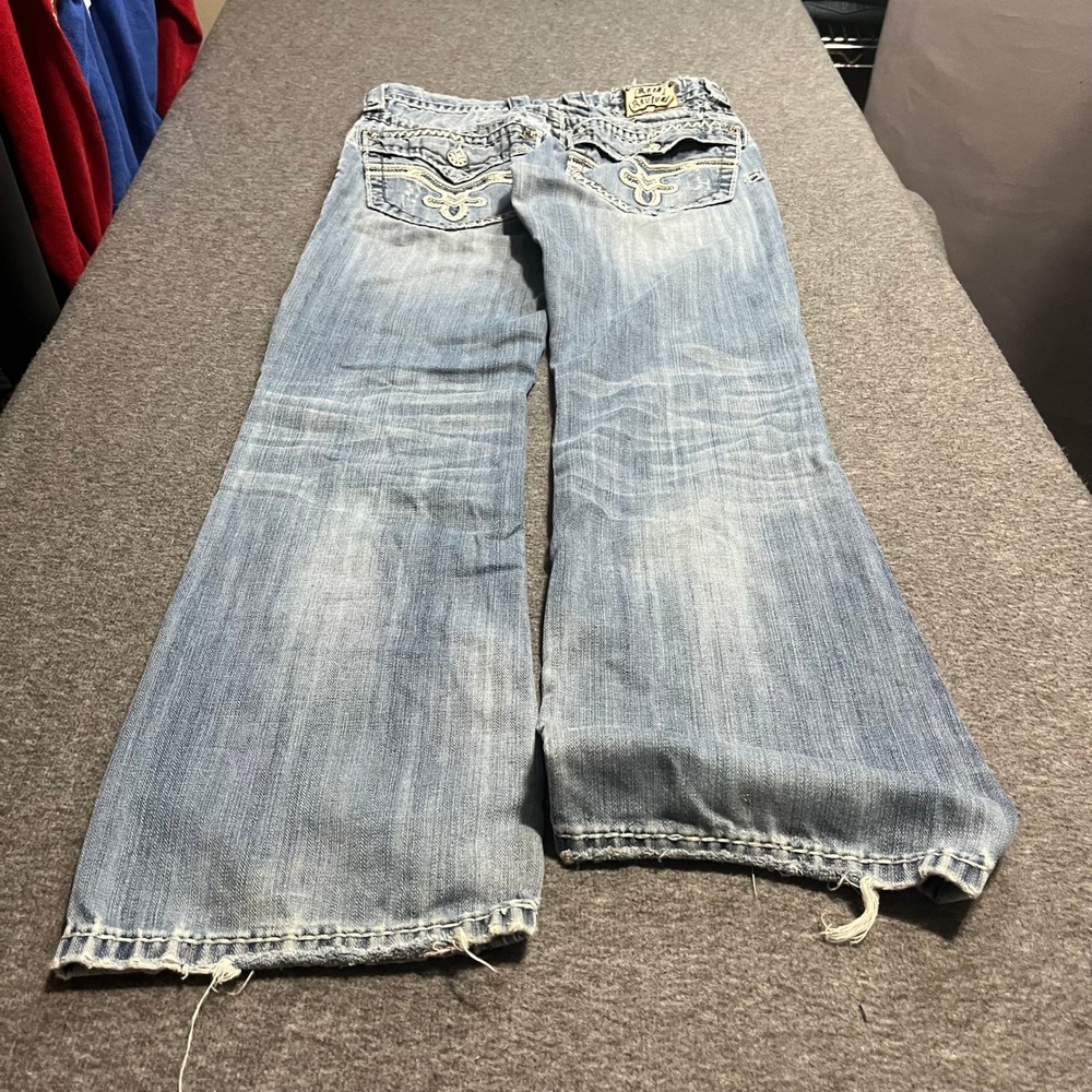 Rock Revival Isaac Slim Boot Distressed Jeans Mens 29 Fleur De Lis Blue Denim